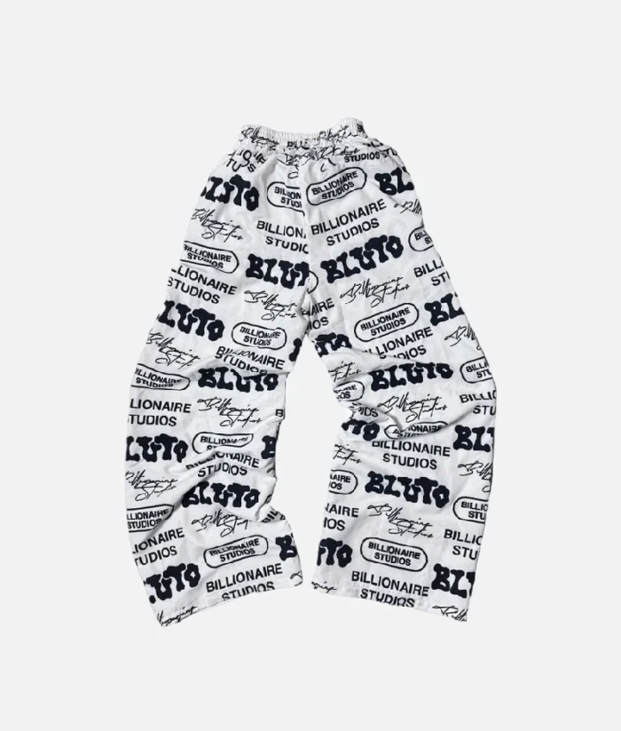Billionaire Studio BB Loaded Track Pants front view Back view of BB Loaded Track Pants with branding BB Loaded Track Pants streetwear outfit inspiration Close-up of BB logo and zippered pocket details
