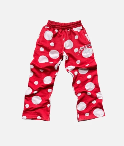 Billionaire Studio Bills Shroom Pants Red front view" "Streetwear red pants with Shroom and Bills graphic" "Billionaire Studio designer pants side angle" "High-quality red jogger pants for men"