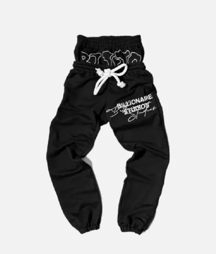 Billionaire Studio Bloo Sweatpants Black Front View Side profile of Bloo Black Sweatpants by Billionaire Studio Streetwear outfit featuring Billionaire Studio Sweatpants Black Close-up of Bloo logo on Black Sweatpants