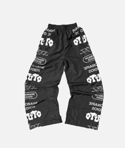Billionaire Studio Logo Track Pants Black front view Black track pants with logo detail – Billionaire Studio Streetwear black pants with elastic waistband Stylish tapered fit track pants by Billionaire Studio