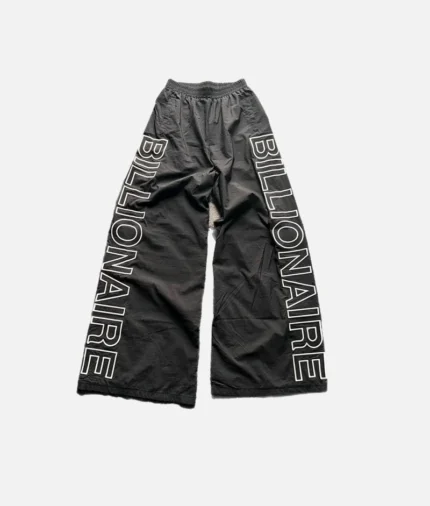 Billionaire Studio Nylon Track Pants Black front view Black nylon joggers with tapered fit by Billionaire Studio Streetwear men’s track pants side profile Comfortable black track pants with drawstring waist