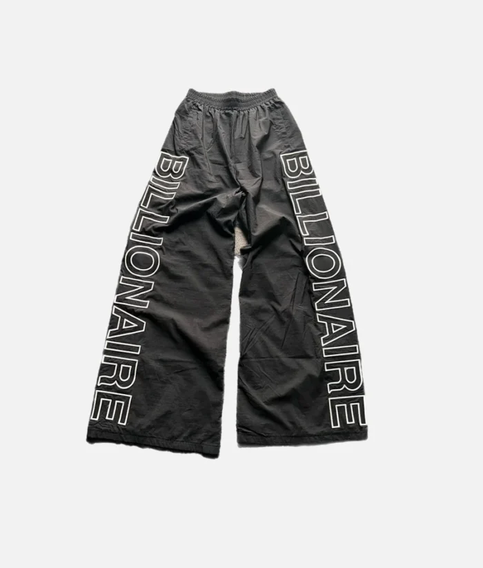 Billionaire Studio Nylon Track Pants Black front view Black nylon joggers with tapered fit by Billionaire Studio Streetwear men’s track pants side profile Comfortable black track pants with drawstring waist