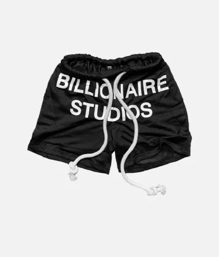 Billionaire Studios Bill Net Shorts Black front view Side angle of Billionaire Studios Bill Net Shorts Black Streetwear outfit with Billionaire Studios Bill Net Shorts Close-up of logo on Bill Net Shorts Black