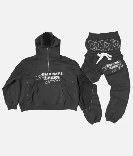 “Billionaire Studios Bills Raver Tracksuit Black front view” “Close-up of Bills Raver embroidery on black tracksuit” “Full tracksuit set from Billionaire Studios in black” “Streetwear style – Billionaire Studios black tracksuit”