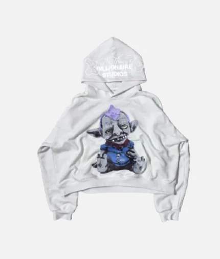 Billionaire Studios Binky Troll Tracksuit White front view" "Back design of Billionaire Studios Binky Troll Tracksuit" "Binky Troll Tracksuit White close-up logo" "Model wearing Billionaire Studios Tracksuit outdoors"