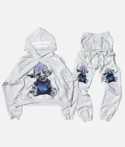 "Billionaire Studios Binky Troll Tracksuit White front view" "Back design of Billionaire Studios Binky Troll Tracksuit" "Binky Troll Tracksuit White close-up logo" "Model wearing Billionaire Studios Tracksuit outdoors"