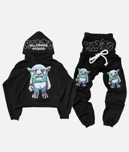 Billionaire Studios Bloated Troll Tracksuit front view Oversized luxury tracksuit by Billionaire Studios Streetwear fashion bloated tracksuit details Premium fabric close-up of Bloated Troll Tracksuit