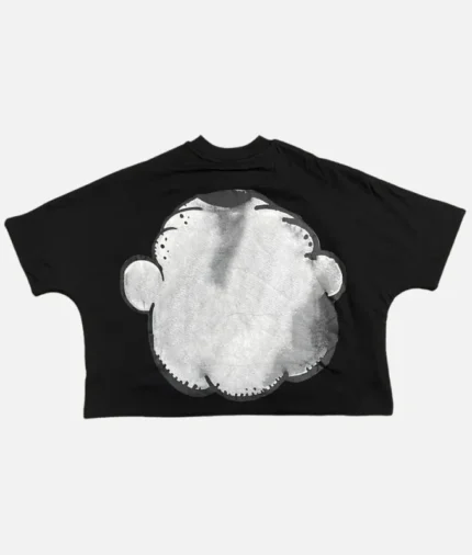 billionaire-studios-bloo-frown-tee-black-front-view bloo-frown-graphic-tshirt-side-profile premium-black-streetwear-tee-by-billionaire-studios close-up-bloo-frown-embroidery-detail