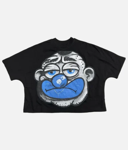 billionaire-studios-bloo-frown-tee-black-front-view bloo-frown-graphic-tshirt-side-profile premium-black-streetwear-tee-by-billionaire-studios close-up-bloo-frown-embroidery-detail