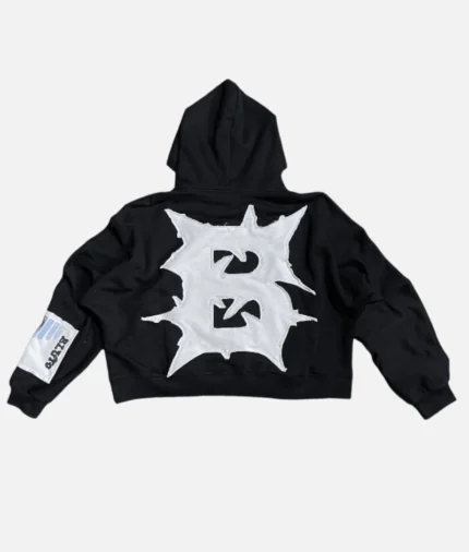 Billionaire Studios Bloo Gradient Scale Hoodie Black front view Streetwear hoodie with bloo gradient design by Billionaire Studios Black hoodie with blue gradient scale and kangaroo pocket Model wearing Billionaire Studios hoodie streetwear style