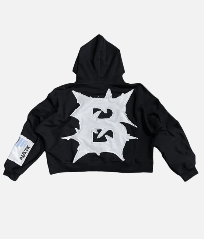 Billionaire Studios Bloo Gradient Scale Hoodie Black front view Streetwear hoodie with bloo gradient design by Billionaire Studios Black hoodie with blue gradient scale and kangaroo pocket Model wearing Billionaire Studios hoodie streetwear style