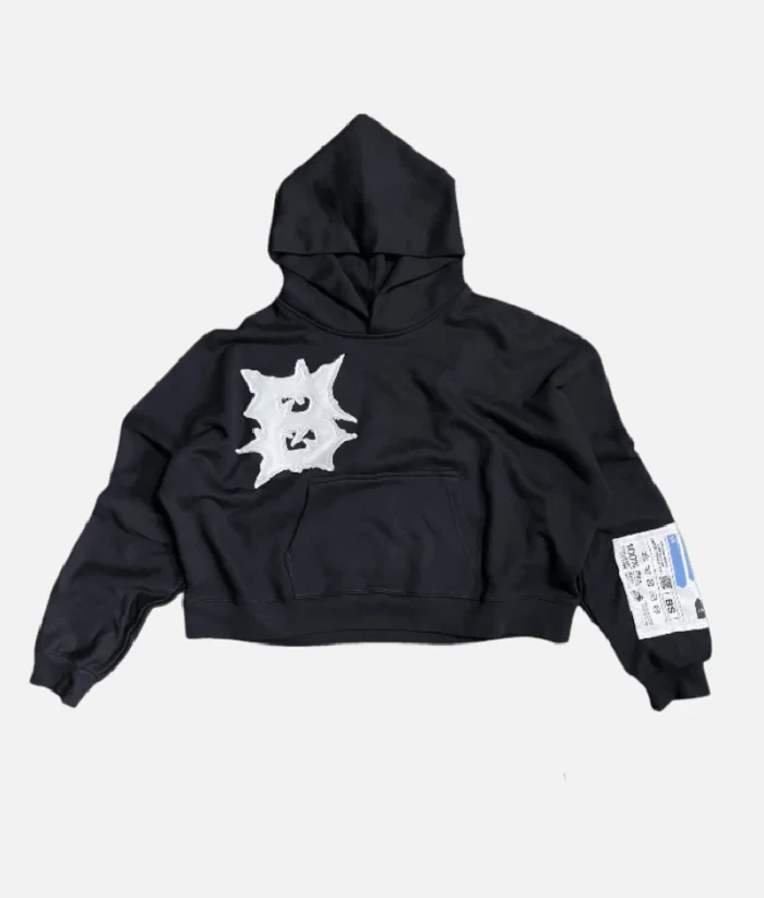 Billionaire Studios Bloo Gradient Scale Hoodie Black front view Streetwear hoodie with bloo gradient design by Billionaire Studios Black hoodie with blue gradient scale and kangaroo pocket Model wearing Billionaire Studios hoodie streetwear style