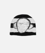 Billionaire Studios Bluto Orb Beanie front view Bluto Orb embroidery close-up on beanie Model wearing Billionaire Studios Bluto Orb Beanie street style Black Bluto Orb Beanie by Billionaire Studios side angle