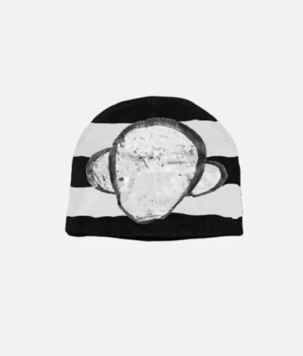 Billionaire Studios Bluto Orb Beanie front view Bluto Orb embroidery close-up on beanie Model wearing Billionaire Studios Bluto Orb Beanie street style Black Bluto Orb Beanie by Billionaire Studios side angle