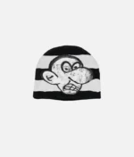 Billionaire Studios Bluto Orb Beanie front view Bluto Orb embroidery close-up on beanie Model wearing Billionaire Studios Bluto Orb Beanie street style Black Bluto Orb Beanie by Billionaire Studios side angle