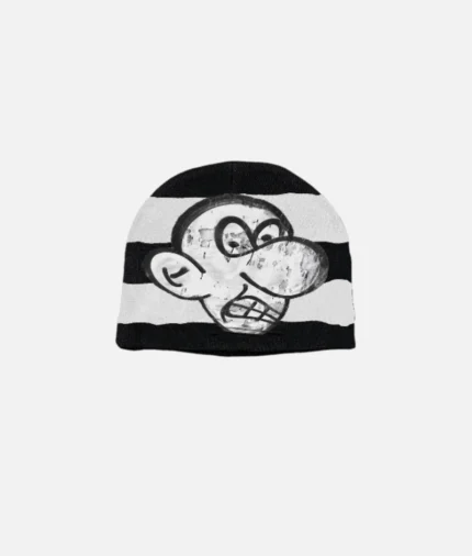 Billionaire Studios Bluto Orb Beanie front view Bluto Orb embroidery close-up on beanie Model wearing Billionaire Studios Bluto Orb Beanie street style Black Bluto Orb Beanie by Billionaire Studios side angle