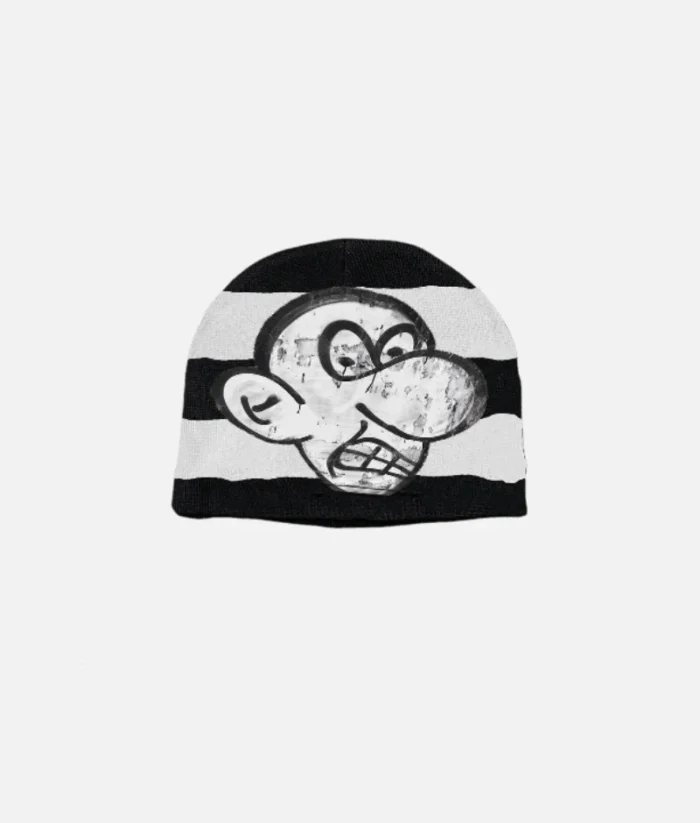 Billionaire Studios Bluto Orb Beanie front view Bluto Orb embroidery close-up on beanie Model wearing Billionaire Studios Bluto Orb Beanie street style Black Bluto Orb Beanie by Billionaire Studios side angle