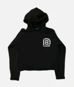 ALT: Model wearing Billionaire Studios Brand Name Hoodie in black ALT: Close-up of Billionaire Studios logo embroidery ALT: Back view of luxury branded hoodie ALT: Hoodie styling with casual streetwear