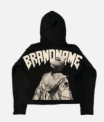 ALT: Model wearing Billionaire Studios Brand Name Hoodie in black ALT: Close-up of Billionaire Studios logo embroidery ALT: Back view of luxury branded hoodie ALT: Hoodie styling with casual streetwear