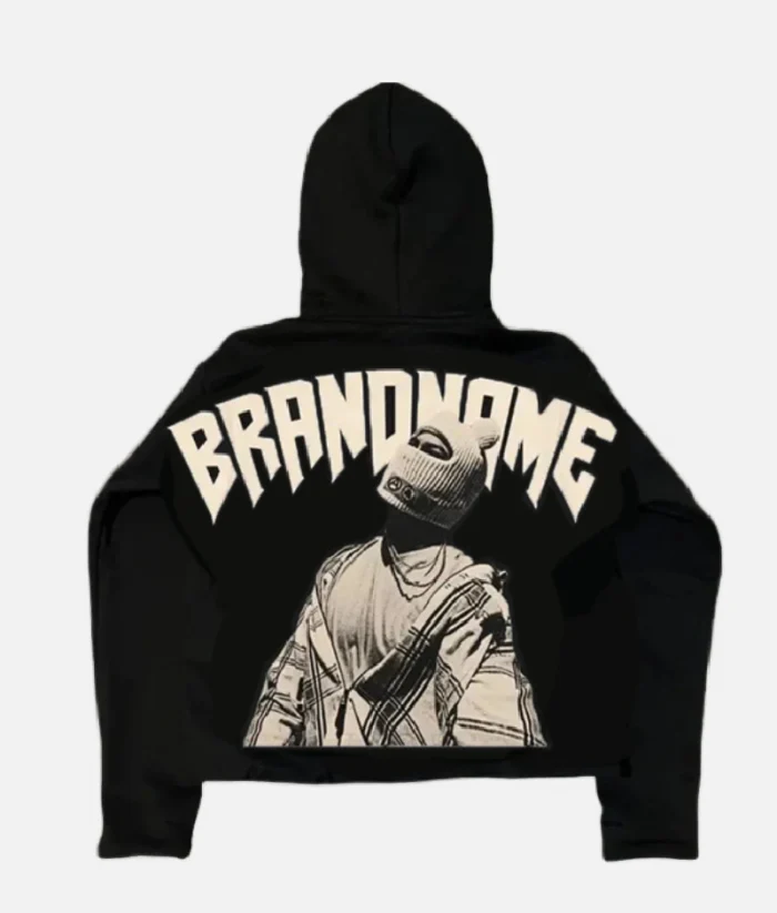 ALT: Model wearing Billionaire Studios Brand Name Hoodie in black ALT: Close-up of Billionaire Studios logo embroidery ALT: Back view of luxury branded hoodie ALT: Hoodie styling with casual streetwear