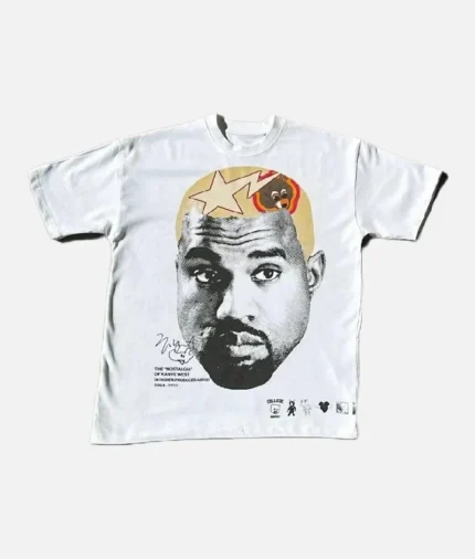 Alt: Billionaire Studios Celebritie Face Logo Tee White front view Alt: Close-up of Billionaire Studios Celebritie Face logo print Alt: Model wearing Billionaire Studios white tee in street style outfit Alt: Back design of the Billionaire Studios Face Logo Tee White