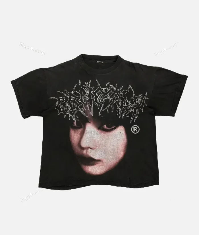 Billionaire Studios Cute Girl Face Logo Tee Black front view Close-up of Cute Girl Face logo on black t-shirt Unisex black streetwear t-shirt styled with jeans Billionaire Studios black tee outfit idea Model wearing Billionaire Studios Cute Girl Face Logo Tee