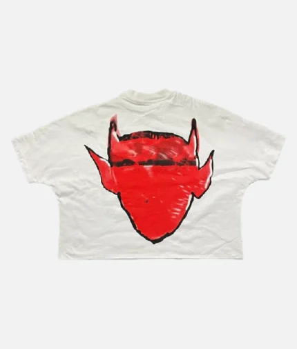 Front view of Billionaire Studios Demon Tee White Back design of Demon Tee with graphic print Close-up of Demon graphic print on white t-shirt Model wearing Billionaire Studios Demon Tee White outfit