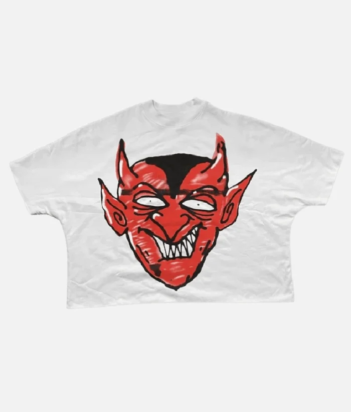 Front view of Billionaire Studios Demon Tee White Back design of Demon Tee with graphic print Close-up of Demon graphic print on white t-shirt Model wearing Billionaire Studios Demon Tee White outfit