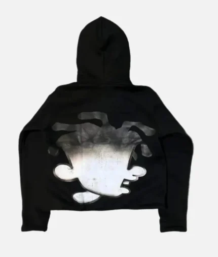 billionaire-studios-dloo-black-hoodie-front-view billionaire-studios-dloo-black-hoodie-back-graphic model-wearing-dloo-black-hoodie-streetwear-style close-up-dloo-black-hoodie-fabric-detail billionaire-studios-hoodie-with-cargo-pants-style