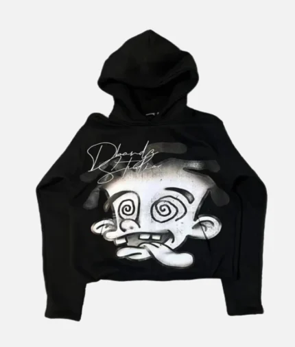 billionaire-studios-dloo-black-hoodie-front-view billionaire-studios-dloo-black-hoodie-back-graphic model-wearing-dloo-black-hoodie-streetwear-style close-up-dloo-black-hoodie-fabric-detail billionaire-studios-hoodie-with-cargo-pants-style