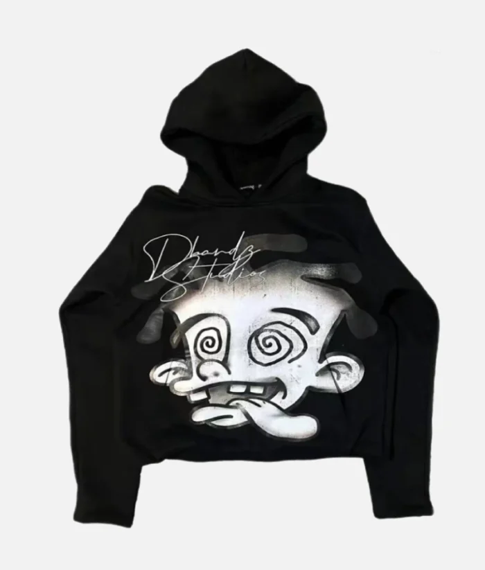 billionaire-studios-dloo-black-hoodie-front-view billionaire-studios-dloo-black-hoodie-back-graphic model-wearing-dloo-black-hoodie-streetwear-style close-up-dloo-black-hoodie-fabric-detail billionaire-studios-hoodie-with-cargo-pants-style