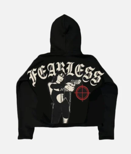 Billionaire Studios Fearless Hoodie front view Close-up of Fearless embroidery on Billionaire Studios hoodie Back view of Billionaire Studios oversized hoodie Model wearing Fearless Hoodie in urban setting