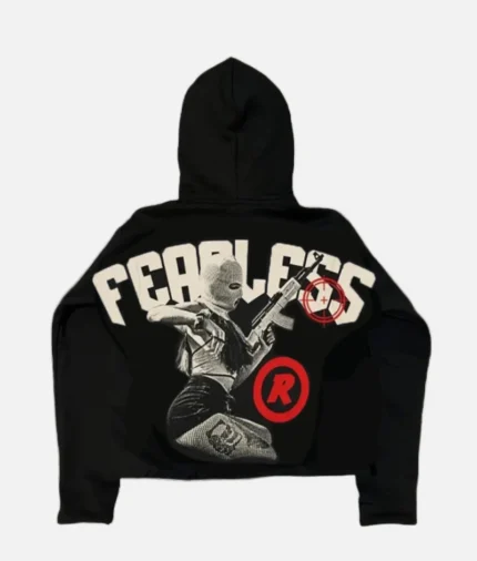 billionaire-studios-fearless-hoodie-black-front-view billionaire-studios-fearless-hoodie-black-back-design fearless-hoodie-black-worn-by-model billionaire-studios-black-hoodie-closeup-logo