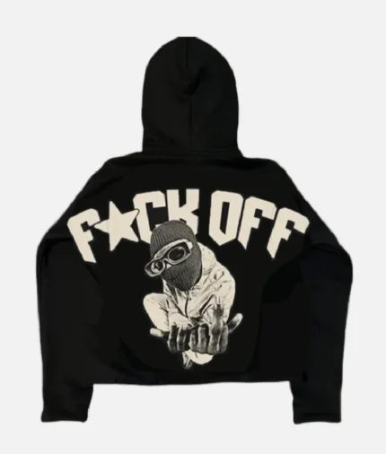 ALT: Front view of Billionaire Studios Fuck Off Black Hoodie ALT: Close-up of "Fuck Off" graphic print on black hoodie ALT: Model wearing Billionaire Studios Fuck Off Hoodie in street setting ALT: Back view of unisex black hoodie with bold text design