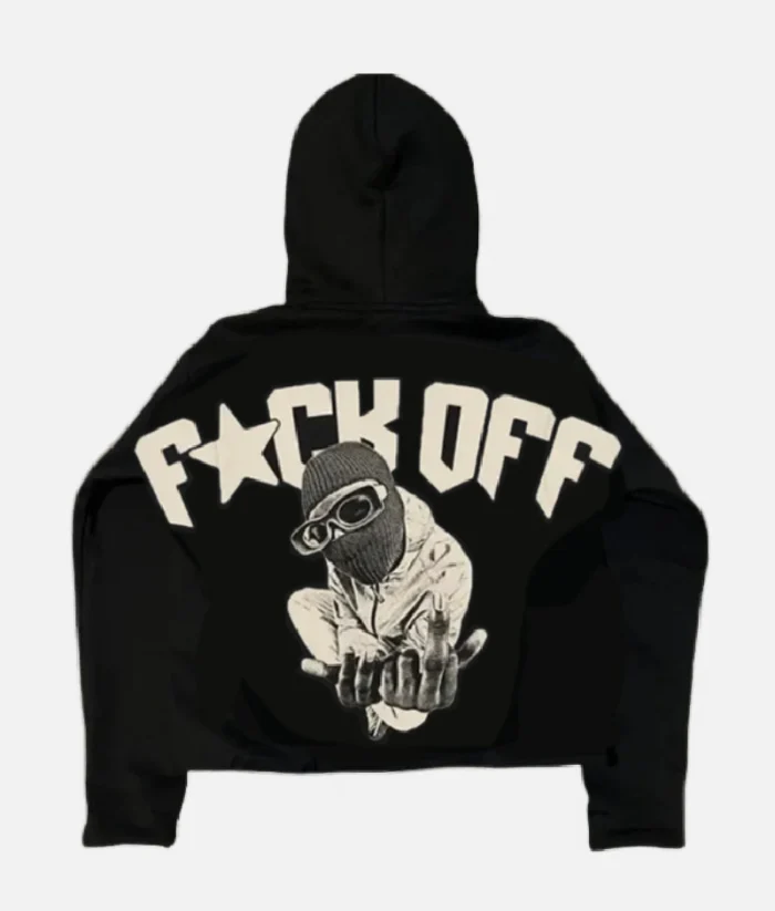 ALT: Front view of Billionaire Studios Fuck Off Black Hoodie ALT: Close-up of "Fuck Off" graphic print on black hoodie ALT: Model wearing Billionaire Studios Fuck Off Hoodie in street setting ALT: Back view of unisex black hoodie with bold text design