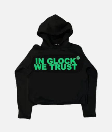 ALT: Billionaire Studios In Glock We Trust Hoodie Black front view ALT: Close-up of “In Glock We Trust” print on hoodie ALT: Model wearing Billionaire Studios black hoodie ALT: Back view of Billionaire Studios oversized hoodie