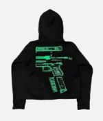 ALT: Billionaire Studios In Glock We Trust Hoodie Black front view ALT: Close-up of “In Glock We Trust” print on hoodie ALT: Model wearing Billionaire Studios black hoodie ALT: Back view of Billionaire Studios oversized hoodie