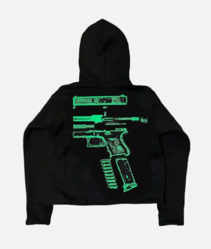 ALT: Billionaire Studios In Glock We Trust Hoodie Black front view ALT: Close-up of “In Glock We Trust” print on hoodie ALT: Model wearing Billionaire Studios black hoodie ALT: Back view of Billionaire Studios oversized hoodie
