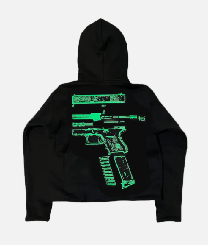 ALT: Billionaire Studios In Glock We Trust Hoodie Black front view ALT: Close-up of “In Glock We Trust” print on hoodie ALT: Model wearing Billionaire Studios black hoodie ALT: Back view of Billionaire Studios oversized hoodie
