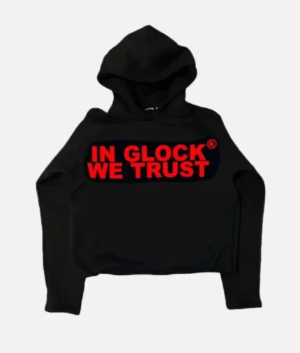 Billionaire Studios In Glock We Trust Hoodie front view Black and red streetwear hoodie close-up Oversized fit hoodie urban fashion look In Glock We Trust hoodie detail on sleeve and chest