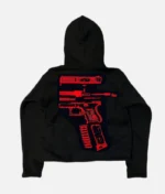 Billionaire Studios In Glock We Trust Hoodie front view Black and red streetwear hoodie close-up Oversized fit hoodie urban fashion look In Glock We Trust hoodie detail on sleeve and chest