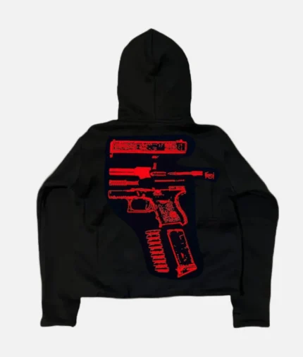 Billionaire Studios In Glock We Trust Hoodie front view Black and red streetwear hoodie close-up Oversized fit hoodie urban fashion look In Glock We Trust hoodie detail on sleeve and chest