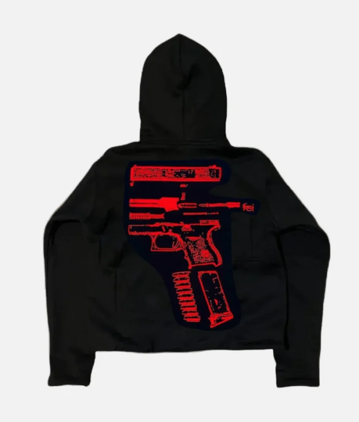 Billionaire Studios In Glock We Trust Hoodie front view Black and red streetwear hoodie close-up Oversized fit hoodie urban fashion look In Glock We Trust hoodie detail on sleeve and chest