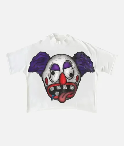 ALT: Billionaire Studios Jocker Face Tee White front view ALT: Close-up of Jocker Face graphic on Billionaire Studios Tee ALT: Back view of Billionaire Studios Jocker Face T-Shirt ALT: Model wearing Billionaire Studios Jocker Face Tee White streetwear look