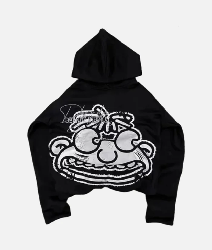 Billionaire Studios Kid Wimpy Hoodie Black front view Back design of Kid Wimpy Hoodie by Billionaire Studios Close-up of Billionaire Studios hoodie logo Comfortable fit – Kid wearing Wimpy Hoodie Black outdoors