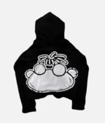 Billionaire Studios Kid Wimpy Hoodie Black front view Back design of Kid Wimpy Hoodie by Billionaire Studios Close-up of Billionaire Studios hoodie logo Comfortable fit – Kid wearing Wimpy Hoodie Black outdoors