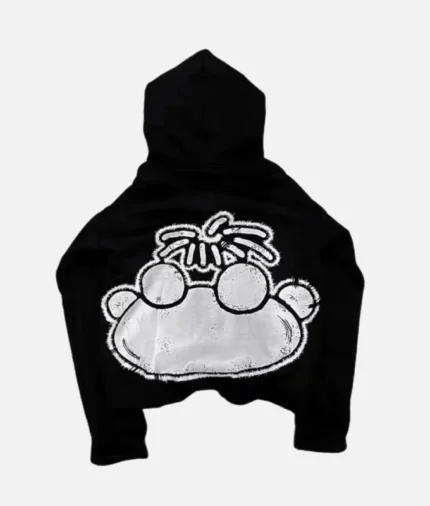 Billionaire Studios Kid Wimpy Hoodie Black front view Back design of Kid Wimpy Hoodie by Billionaire Studios Close-up of Billionaire Studios hoodie logo Comfortable fit – Kid wearing Wimpy Hoodie Black outdoors