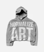 ALT: Billionaire Studios Normalize Art Hoodie Foggy front view ALT: Normalize Art Hoodie back graphic close-up ALT: Model wearing Billionaire Studios Normalize Hoodie in foggy color ALT: Streetwear styling of Normalize Art Hoodie by Billionaire Studios