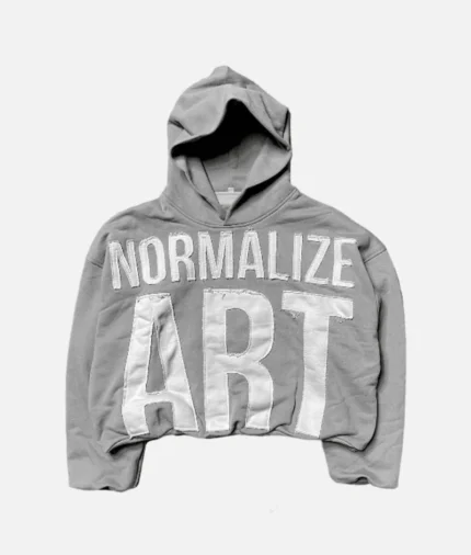 ALT: Billionaire Studios Normalize Art Hoodie Foggy front view ALT: Normalize Art Hoodie back graphic close-up ALT: Model wearing Billionaire Studios Normalize Hoodie in foggy color ALT: Streetwear styling of Normalize Art Hoodie by Billionaire Studios