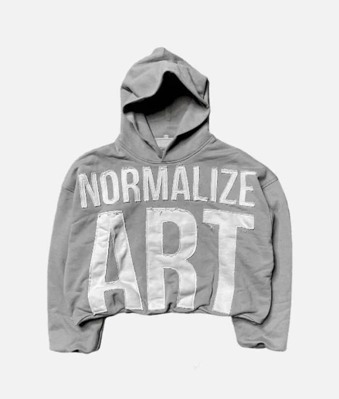 ALT: Billionaire Studios Normalize Art Hoodie Foggy front view ALT: Normalize Art Hoodie back graphic close-up ALT: Model wearing Billionaire Studios Normalize Hoodie in foggy color ALT: Streetwear styling of Normalize Art Hoodie by Billionaire Studios